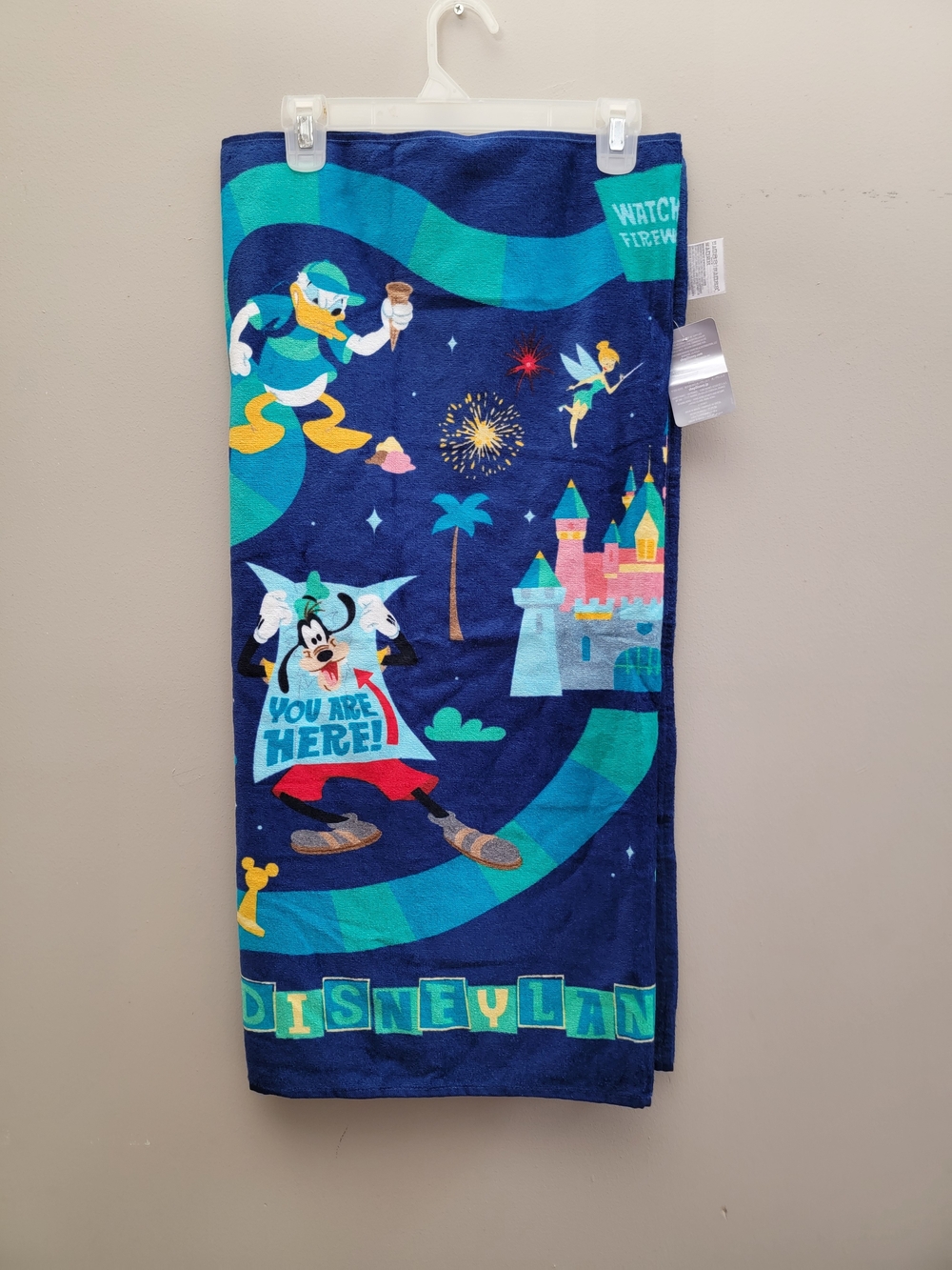 Disney Parks Beach Towel Navy Blue with Teal, Yellow & Pink Character Design